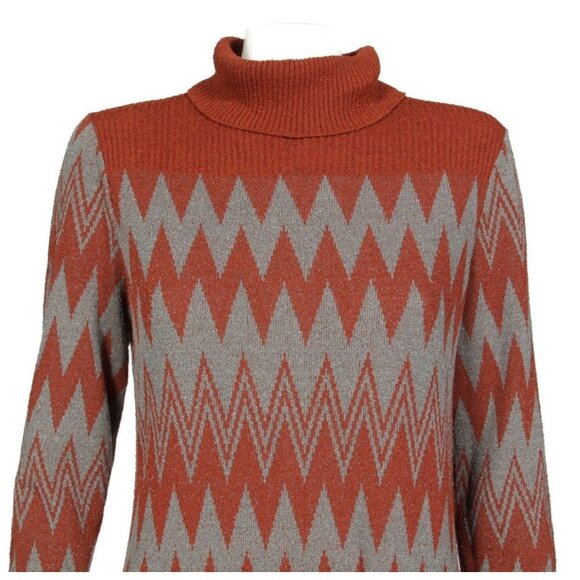 Vtg 1970's GOLDWORM Brown Gray Zig Zag Turtleneck Knit Sweater Dress sz M /250 - Picture 2 of 6